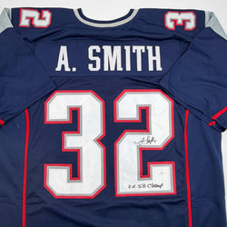 Autographed/Signed Antowain Smith 2x SB Champ New England Blue Football Jersey JSA COA (ONLINE ORDER ONLY)