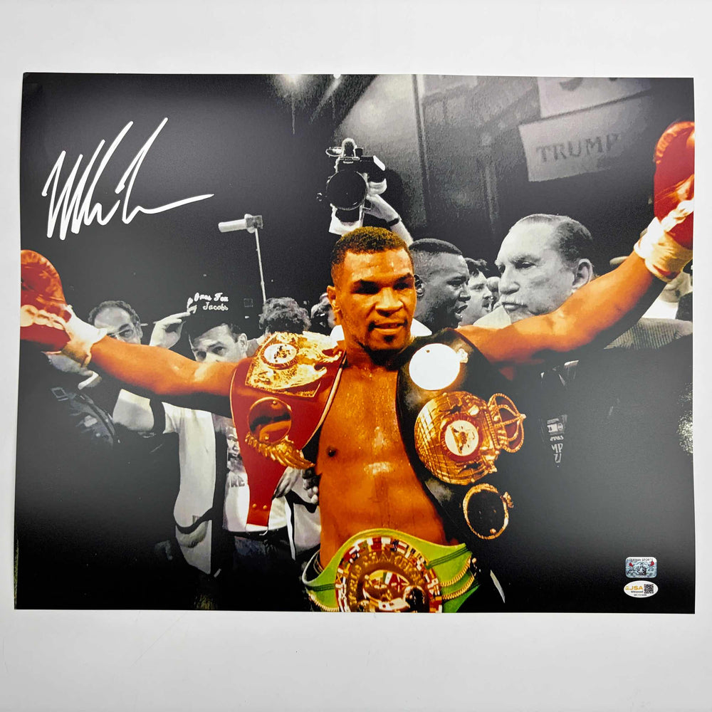 Autographed/Signed Mike Tyson Belts Boxing 16x20 Photo JSA COA (ONLINE ORDER ONLY)