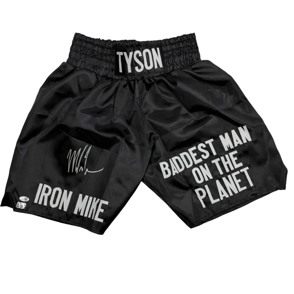 Autographed/Signed Mike Tyson Iron Mike Baddest Man on the Planet Black Boxing Trunks JSA COA