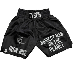 Autographed/Signed Mike Tyson Iron Mike Baddest Man on the Planet Black Boxing Trunks JSA COA