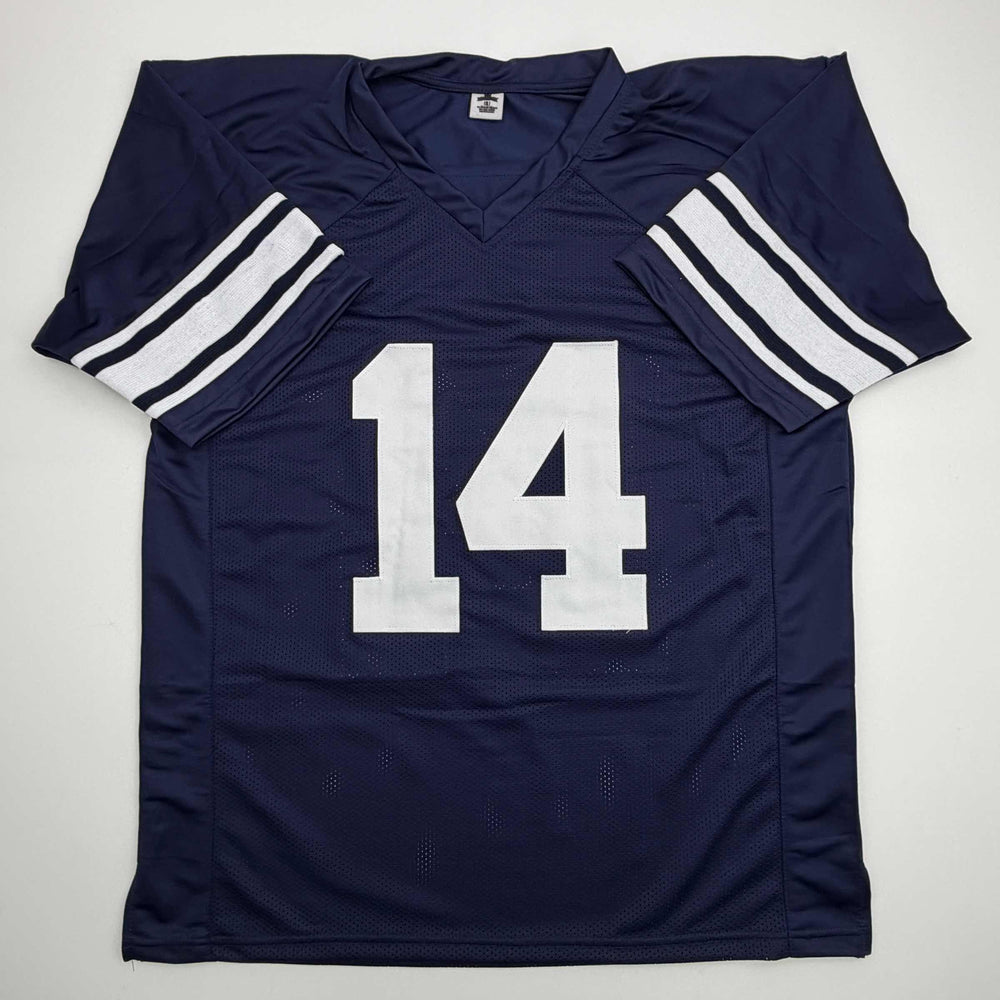 Autographed/Signed Ty Detmer Heisman 90 Brigham Young BYU Blue College Football Jersey JSA COA