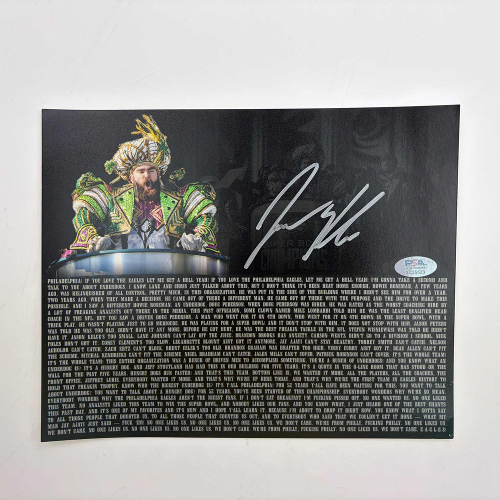 Autographed/Signed Jason Kelce Super Bowl Parade Speech Transcript Mummers Philadelphia Eagles 8x10 Football Photo PSA/DNA COA