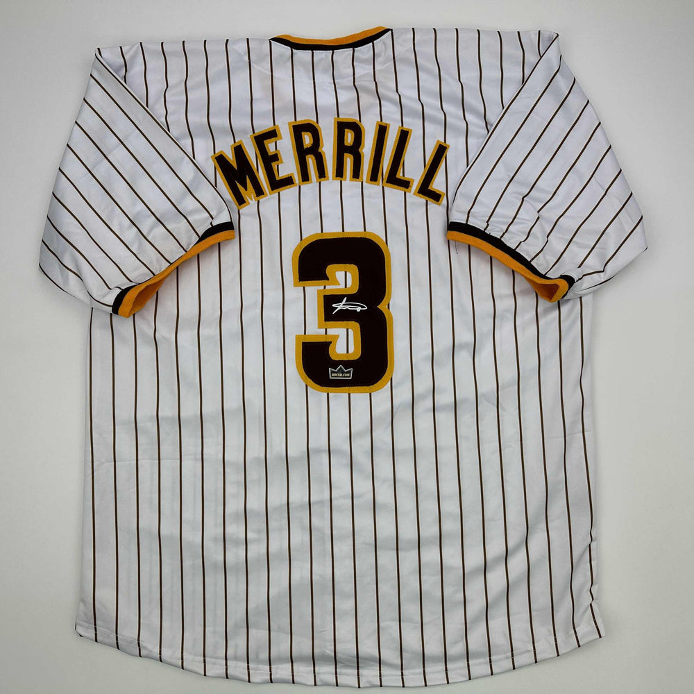 Facsimile Autographed Jackson Merrill San Diego Pinstripe Reprint Laser Auto Baseball Jersey Size Men's XL (ONLINE ORDER ONLY)