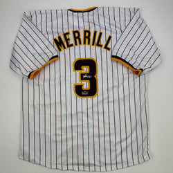 Facsimile Autographed Jackson Merrill San Diego Pinstripe Reprint Laser Auto Baseball Jersey Size Men's XL (ONLINE ORDER ONLY)