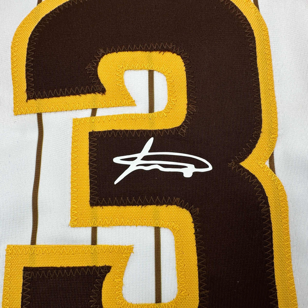 Facsimile Autographed Jackson Merrill San Diego Pinstripe Reprint Laser Auto Baseball Jersey Size Men's XL (ONLINE ORDER ONLY)