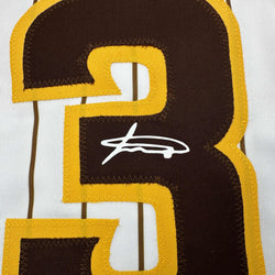 Facsimile Autographed Jackson Merrill San Diego Pinstripe Reprint Laser Auto Baseball Jersey Size Men's XL (ONLINE ORDER ONLY)