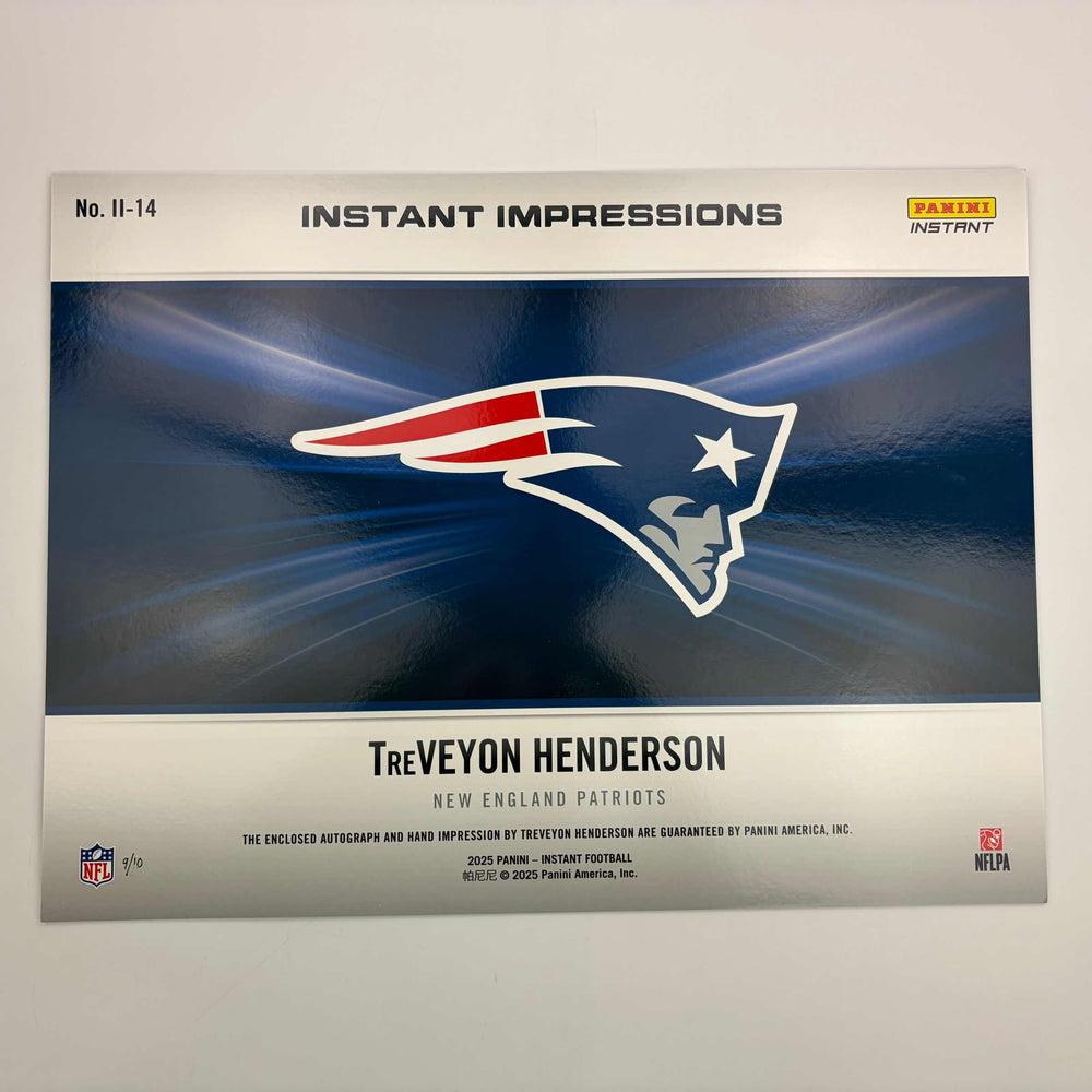 2025 Panini Instant Impressions NFL TreVeyon Henderson #II-13 18x24 Hand Print Autographed Auto /10 New England Patriots Rookie RC Oversized Football Card (ONLINE ORDER ONLY)