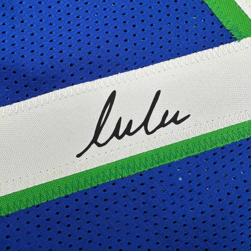 Framed Facsimile Autographed Luka Doncic 35x39 Dallas Retro Blue Reprint Laser Auto Basketball Jersey (ONLINE ORDER ONLY)