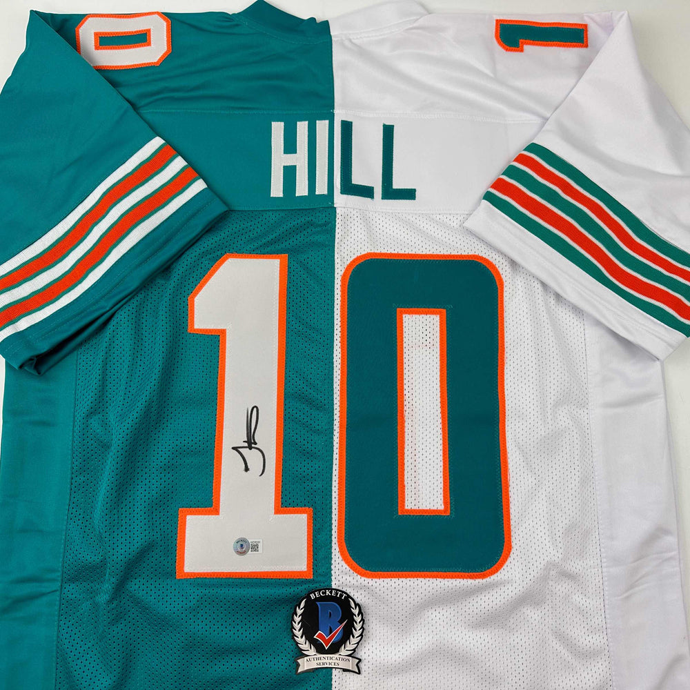 Autographed/Signed Tyreek Hill Miami Split Teal/White Football Jersey Beckett BAS COA (ONLINE ORDER ONLY)