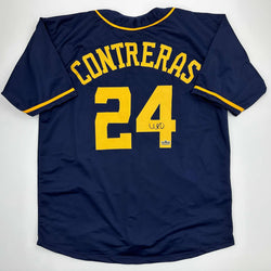 Facsimile Autographed William Contreras Milwaukee Blue Reprint Laser Auto Baseball Jersey Size Men's XL (ONLINE ORDER ONLY)