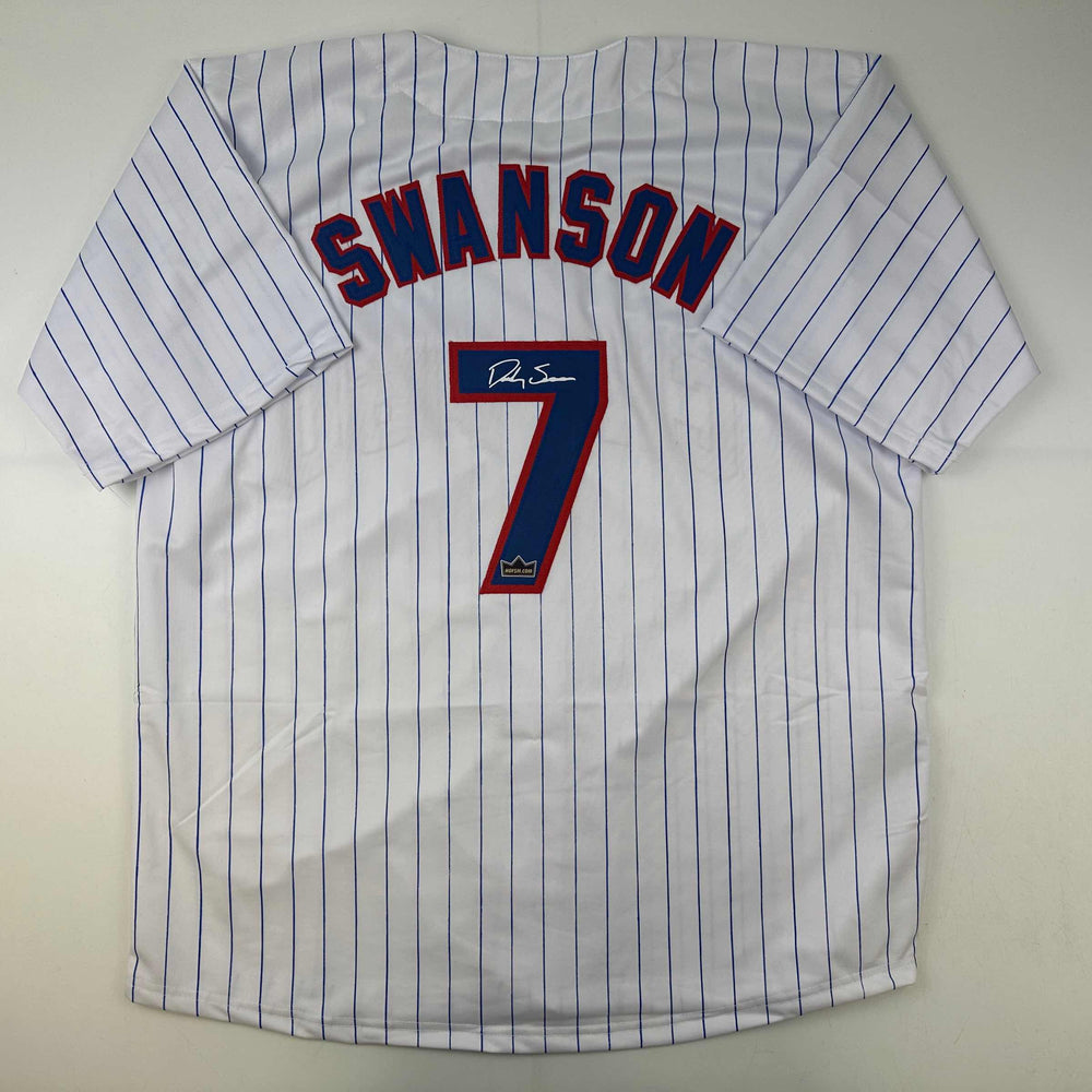 Facsimile Autographed Dansby Swanson Chicago Pinstripe Reprint Laser Auto Baseball Jersey Size Men's XL (ONLINE ORDER ONLY)