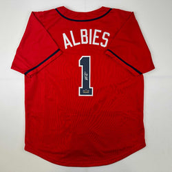 Facsimile Autographed Ozzie Albies Atlanta Red Reprint Laser Auto Baseball Jersey Size Men's XL (ONLINE ORDER ONLY)