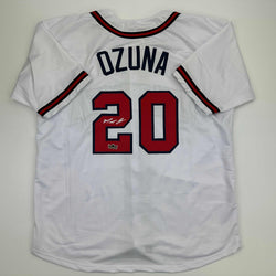 Facsimile Autographed Marcell Ozuna Atlanta White Reprint Laser Auto Baseball Jersey Size Men's XL (ONLINE ORDER ONLY)