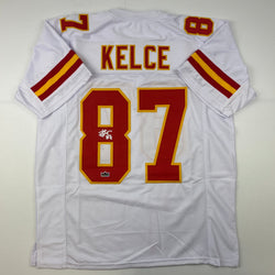 Facsimile Autographed Travis Kelce Kansas City White Reprint Laser Auto Football Jersey Size Men's XL (ONLINE ORDER ONLY)