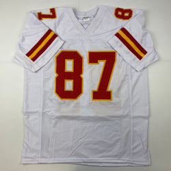 Facsimile Autographed Travis Kelce Kansas City White Reprint Laser Auto Football Jersey Size Men's XL (ONLINE ORDER ONLY)