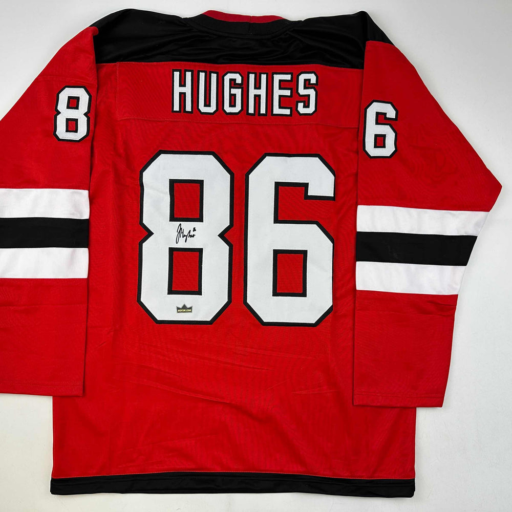 Facsimile Autographed Jack Hughes New Jersey Red Reprint Laser Auto Hockey Jersey Size Men's XL (ONLINE ORDER ONLY)