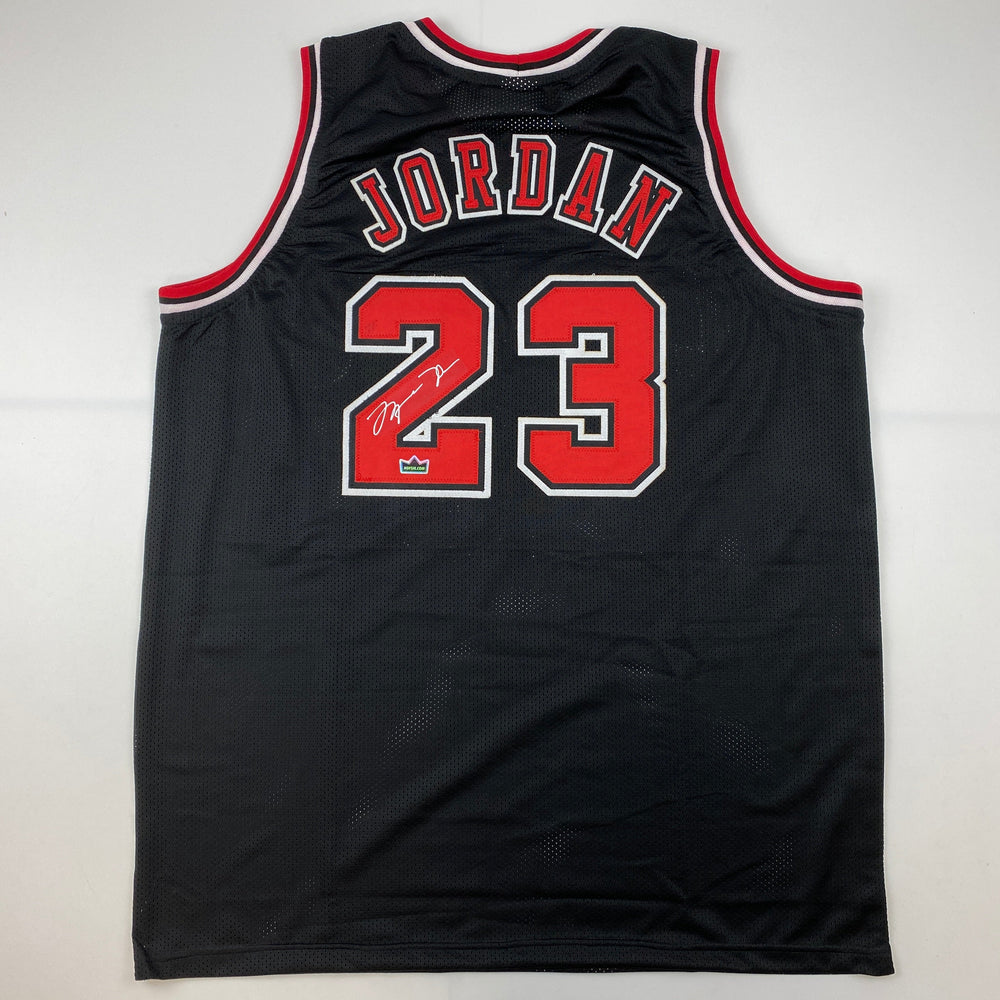 Facsimile Autographed Michael Jordan Chicago Black Reprint Laser Auto Basketball Jersey Size Men's XL (ONLINE ORDER ONLY)