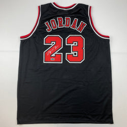 Facsimile Autographed Michael Jordan Chicago Black Reprint Laser Auto Basketball Jersey Size Men's XL (ONLINE ORDER ONLY)