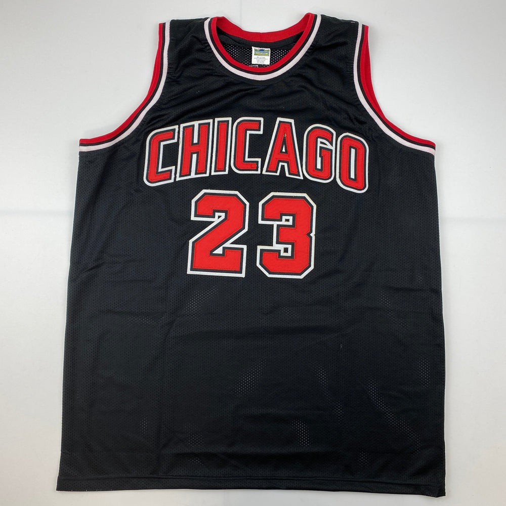 Facsimile Autographed Michael Jordan Chicago Black Reprint Laser Auto Basketball Jersey Size Men's XL (ONLINE ORDER ONLY)