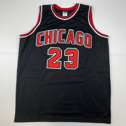 Facsimile Autographed Michael Jordan Chicago Black Reprint Laser Auto Basketball Jersey Size Men's XL (ONLINE ORDER ONLY)