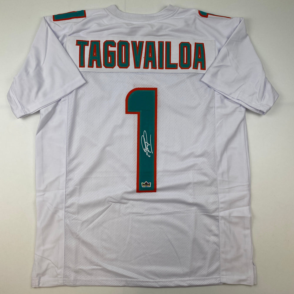 Facsimile Autographed Tua Tagovailoa Miami White Reprint Laser Auto Football Jersey Size Men's XL (ONLINE ORDER ONLY)