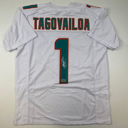 Facsimile Autographed Tua Tagovailoa Miami White Reprint Laser Auto Football Jersey Size Men's XL (ONLINE ORDER ONLY)