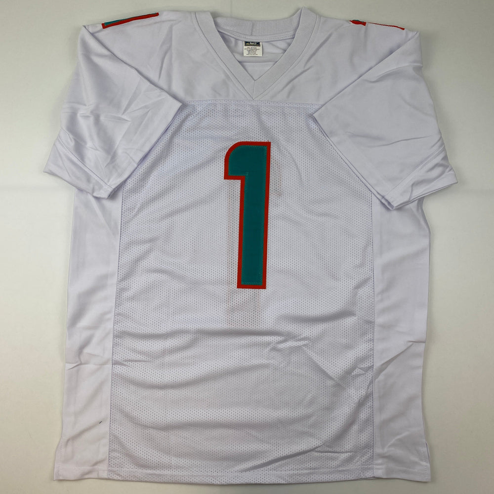 Facsimile Autographed Tua Tagovailoa Miami White Reprint Laser Auto Football Jersey Size Men's XL (ONLINE ORDER ONLY)
