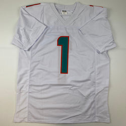 Facsimile Autographed Tua Tagovailoa Miami White Reprint Laser Auto Football Jersey Size Men's XL (ONLINE ORDER ONLY)