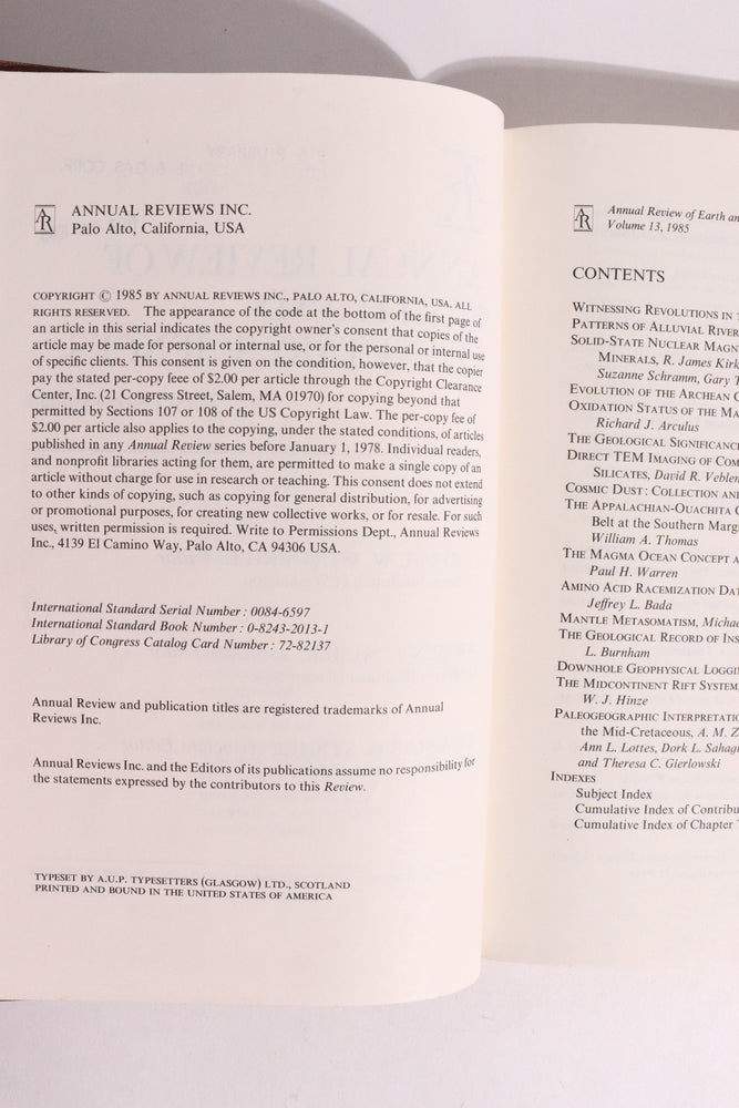 Annual Review of Earth and Planetary Sciences, Volume 13 (1985) — Cosmic Dust, Lunar Magma Ocean & Ancient Earth (ONLINE ORDER ONLY)
