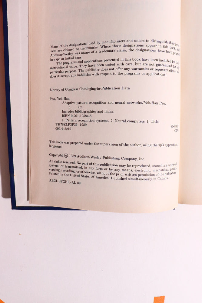 Adaptive Pattern Recognition and Neural Networks — Yoh-Han Pao, 1989 First Edition | Vintage Artificial Intelligence / Machine Learning (ONLINE ORDER ONLY)