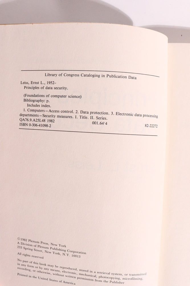 Principles of Data Security — Ernst L. Leiss, 1982 | Early Computer Security & Cryptography (ONLINE ORDER ONLY)