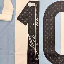 Autographed/Signed Lionel Leo Messi Argentina Blue/White Soccer Jersey Beckett BAS COA (ONLINE ORDER ONLY)