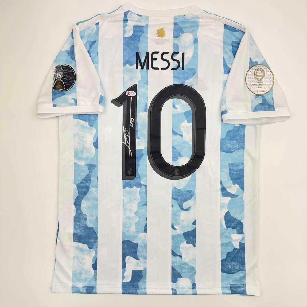 Autographed/Signed Lionel Leo Messi Argentina Blue/White Soccer Jersey Beckett BAS COA (ONLINE ORDER ONLY)