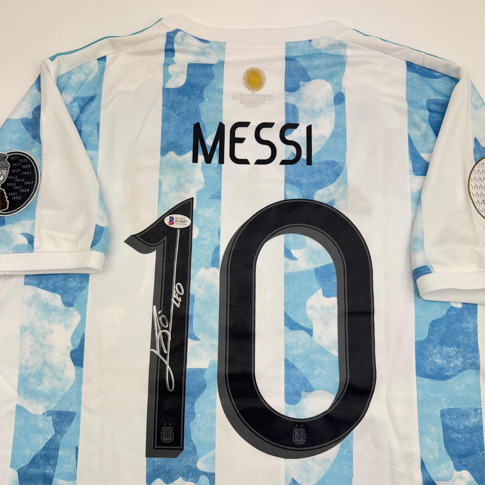 Autographed/Signed Lionel Leo Messi Argentina Blue/White Soccer Jersey Beckett BAS COA (ONLINE ORDER ONLY)