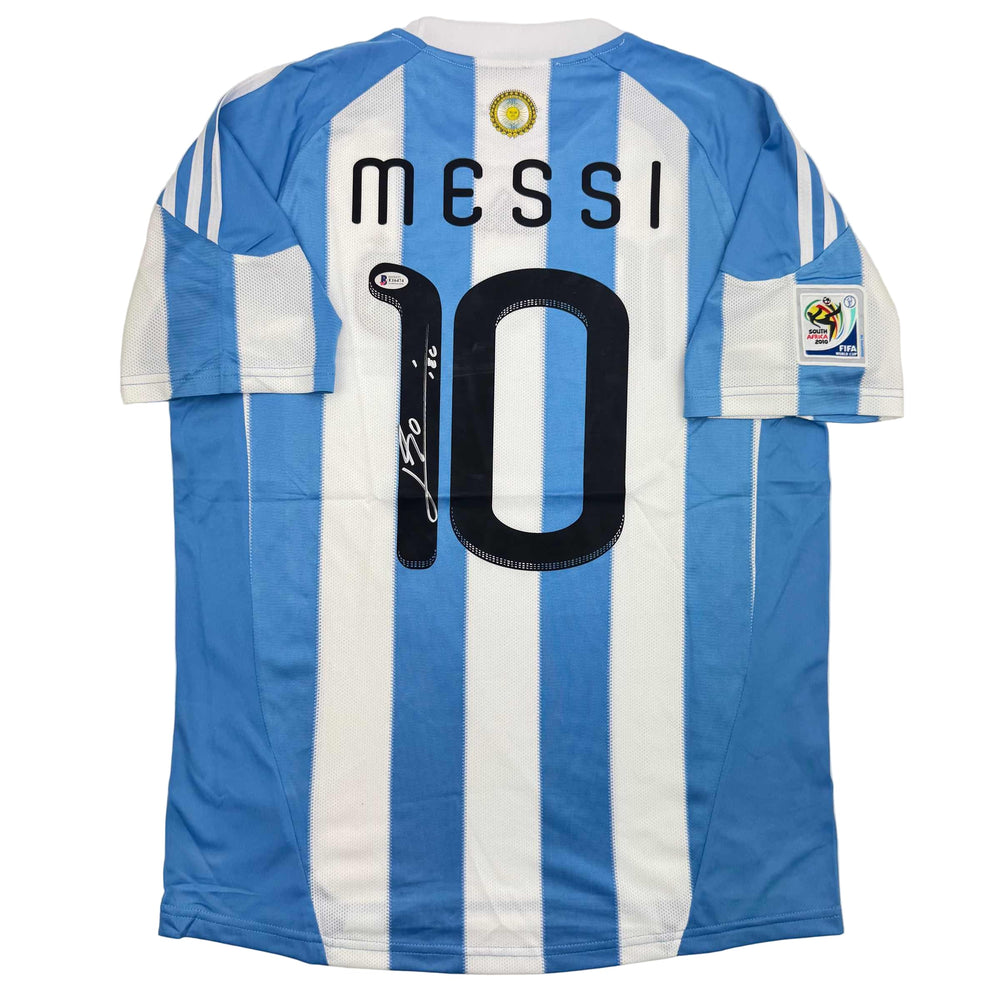 Autographed/Signed Lionel Leo Messi Argentina Blue/White Soccer Jersey Beckett BAS COA (ONLINE ORDER ONLY)