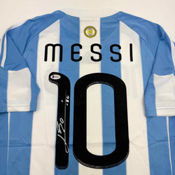 Autographed/Signed Lionel Leo Messi Argentina Blue/White Soccer Jersey Beckett BAS COA (ONLINE ORDER ONLY)