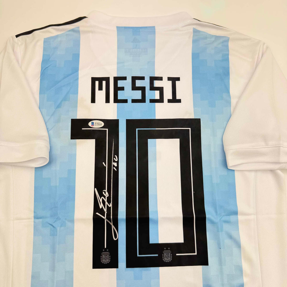 Autographed/Signed Lionel Leo Messi Argentina Blue/White Soccer Jersey Beckett BAS COA (ONLINE ORDER ONLY)