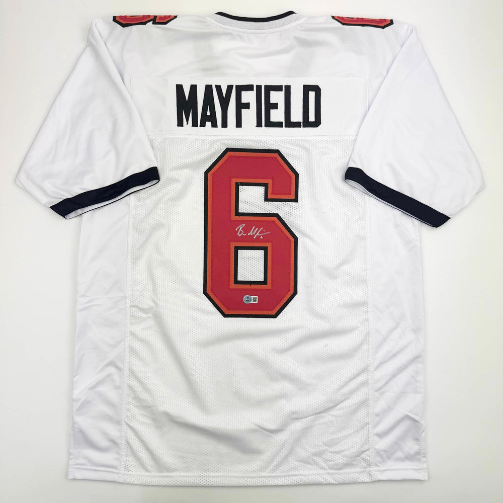 Autographed/Signed Baker Mayfield Tampa Bay White Football Jersey Beckett BAS COA (ONLINE ORDER ONLY)