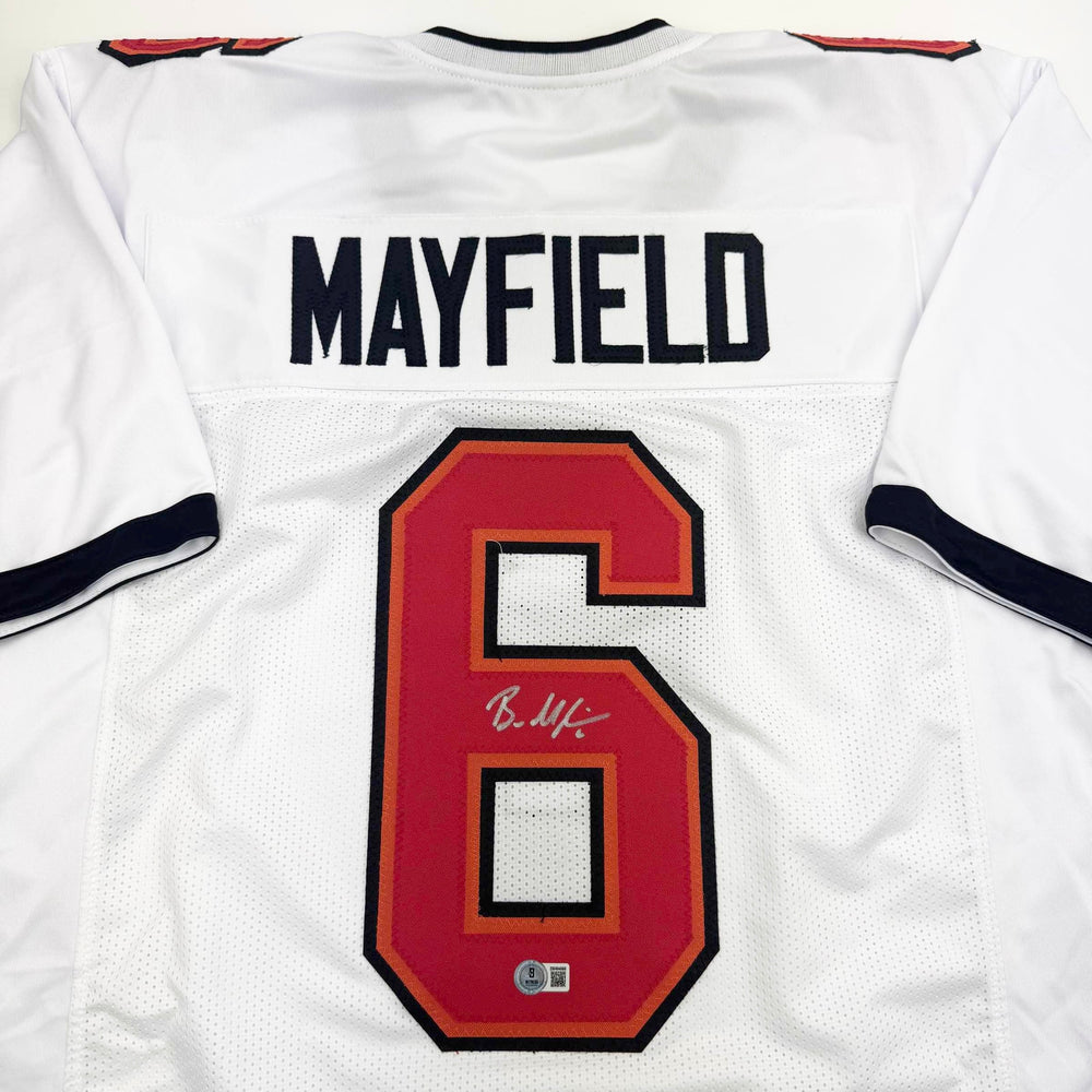 Autographed/Signed Baker Mayfield Tampa Bay White Football Jersey Beckett BAS COA (ONLINE ORDER ONLY)