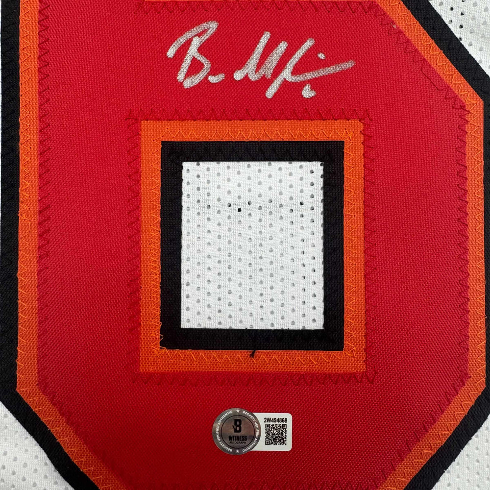 Autographed/Signed Baker Mayfield Tampa Bay White Football Jersey Beckett BAS COA (ONLINE ORDER ONLY)