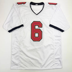Autographed/Signed Baker Mayfield Tampa Bay White Football Jersey Beckett BAS COA (ONLINE ORDER ONLY)