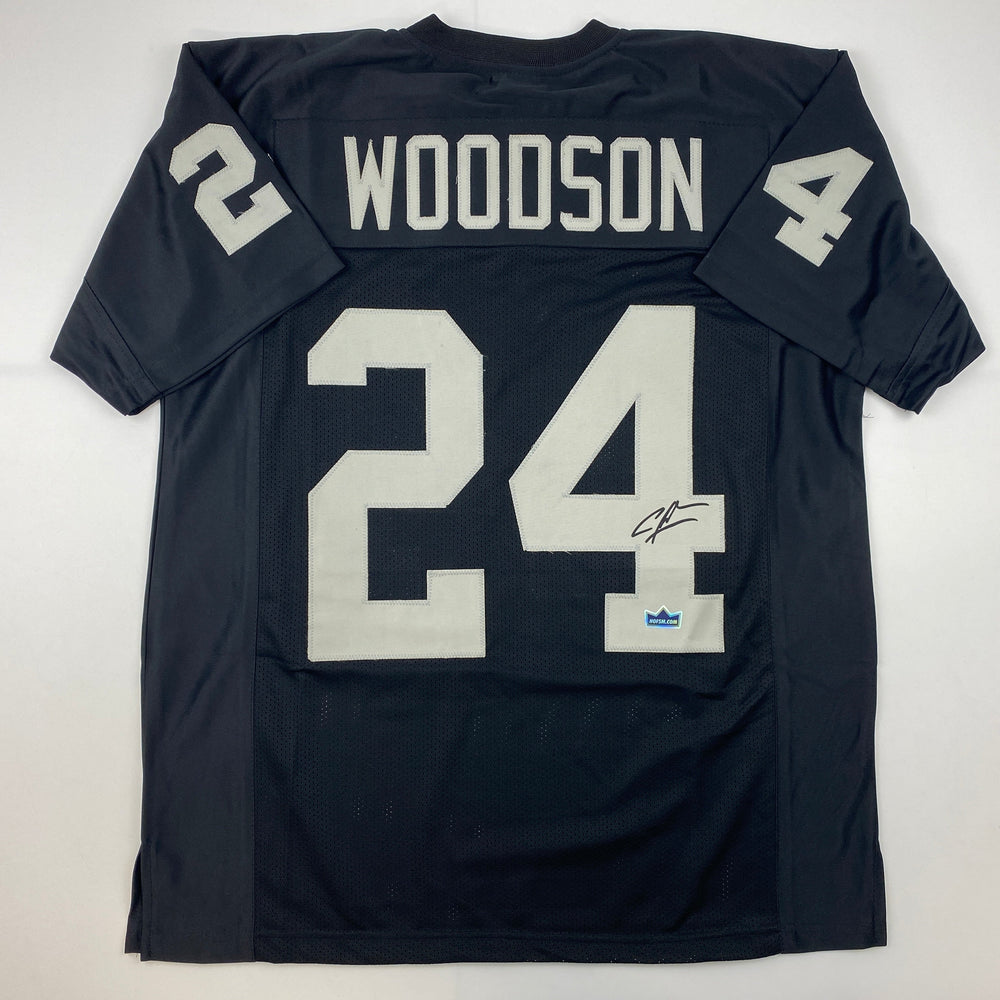 Facsimile Autographed Charles Woodson Oakland Las Vegas Black Reprint Laser Auto Football Jersey Size Men's XL (ONLINE ORDER ONLY)