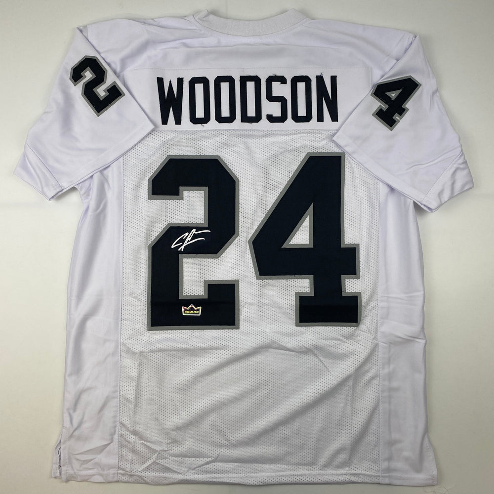 Facsimile Autographed Charles Woodson Oakland Las Vegas White Reprint Laser Auto Football Jersey Size Men's XL (ONLINE ORDER ONLY)