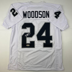 Facsimile Autographed Charles Woodson Oakland Las Vegas White Reprint Laser Auto Football Jersey Size Men's XL (ONLINE ORDER ONLY)