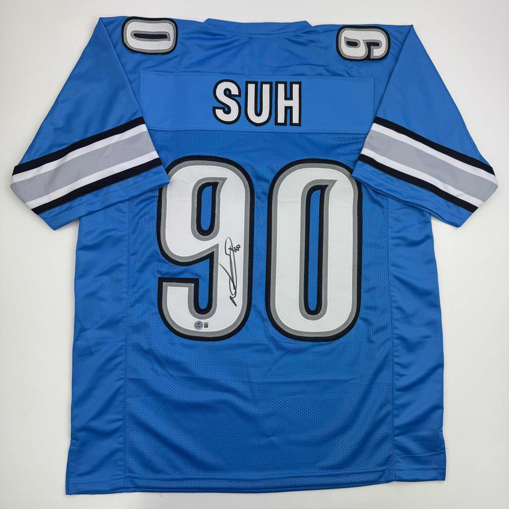 Autographed/Signed Ndamukong Suh Detroit Blue Football Jersey Beckett BAS COA (ONLINE ORDER ONLY)