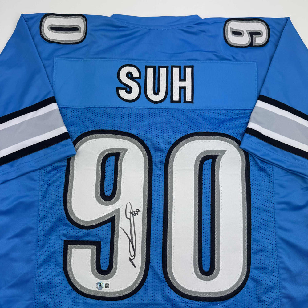 Autographed/Signed Ndamukong Suh Detroit Blue Football Jersey Beckett BAS COA (ONLINE ORDER ONLY)