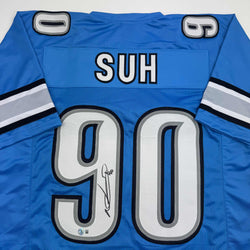 Autographed/Signed Ndamukong Suh Detroit Blue Football Jersey Beckett BAS COA (ONLINE ORDER ONLY)