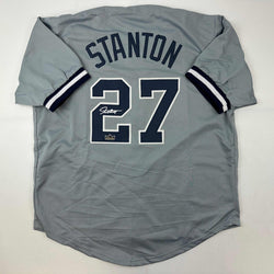 Facsimile Autographed Giancarlo Stanton New York Grey Reprint Laser Auto Baseball Jersey Size Men's XL (ONLINE ORDER ONLY)