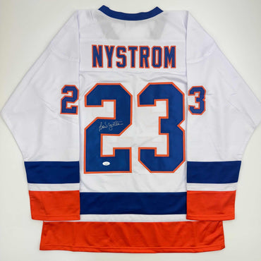 Autographed/Signed Bob Nystrom New York White Hockey Jersey JSA COA (ONLINE ORDER ONLY)