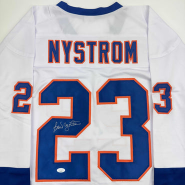 Autographed/Signed Bob Nystrom New York White Hockey Jersey JSA COA (ONLINE ORDER ONLY)